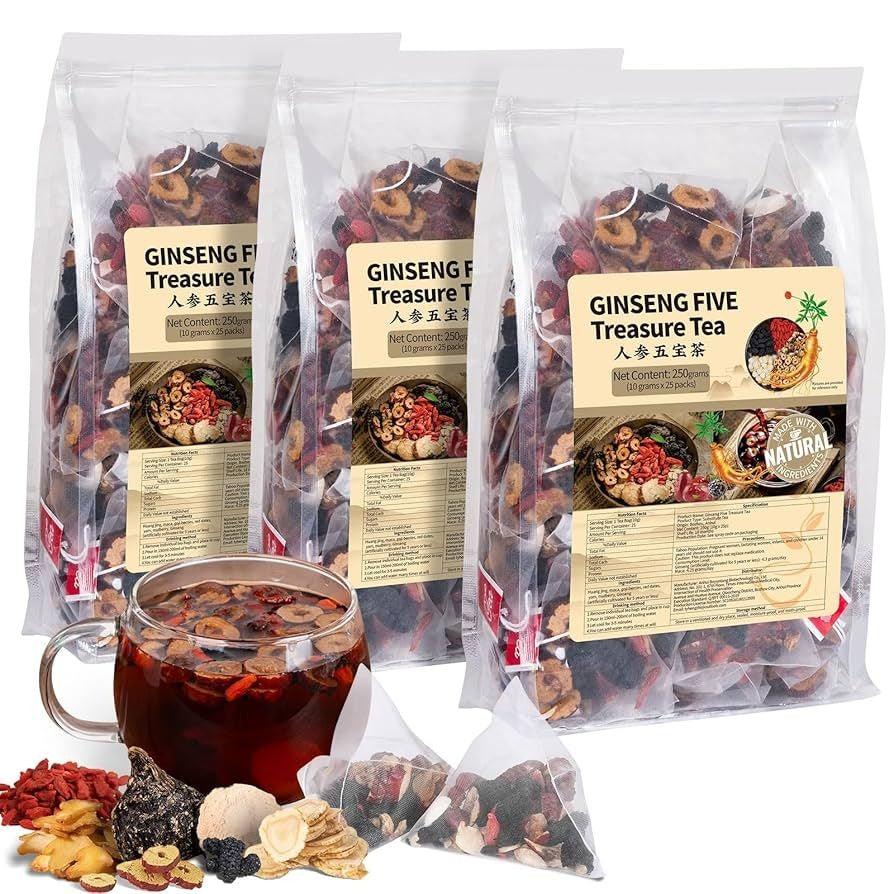 Ginseng Five Treasures Tea Kidney Tea, Natural Chinese Herbal Tea, Kidney Cleanse Detox Tea for Men & Women, 6 Ingredients
