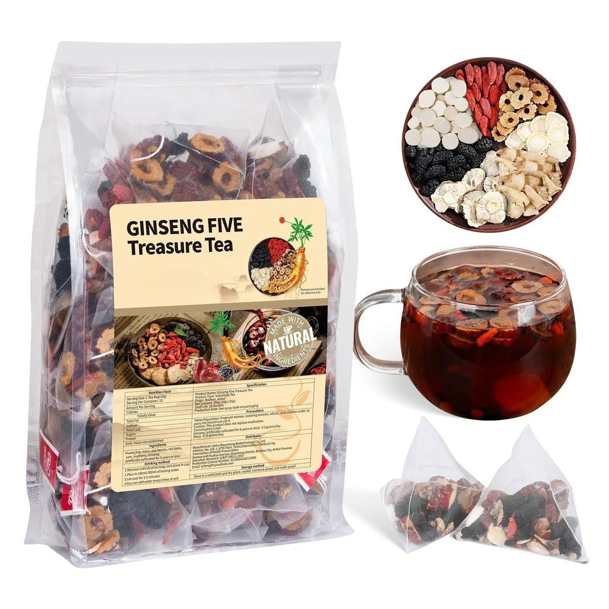 Ginseng Five Treasures Tea Kidney Tea, Natural Chinese Herbal Tea, Kidney Cleanse Detox Tea for Men & Women, 6 Ingredients