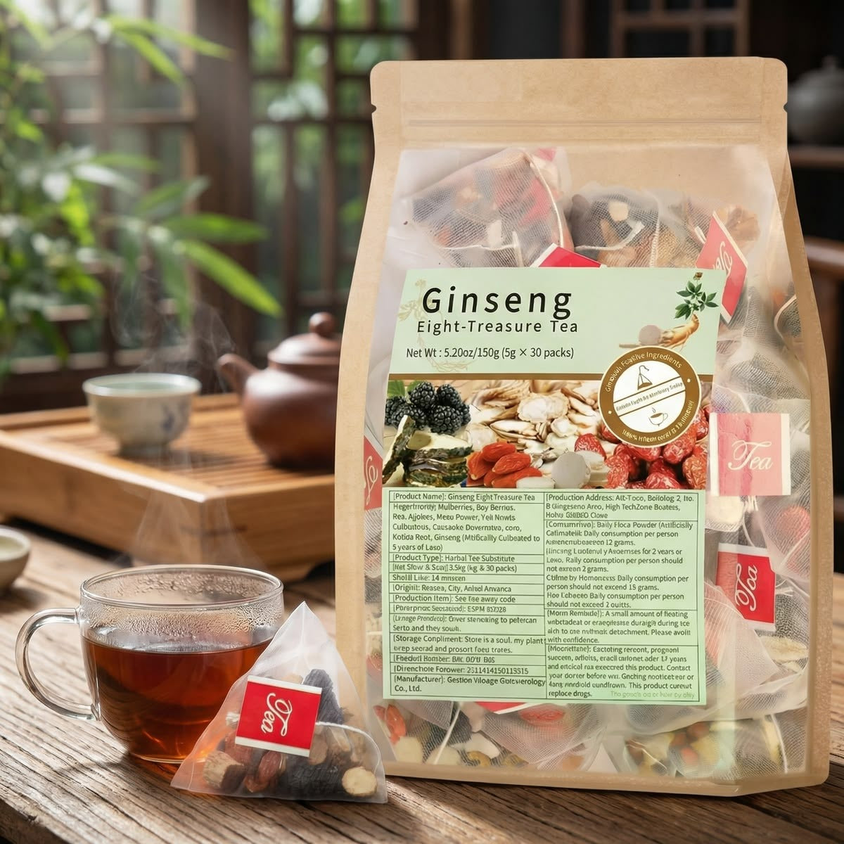 Ginseng Five Treasures Tea Kidney Tea, Natural Chinese Herbal Tea, Kidney Cleanse Detox Tea for Men & Women, 6 Ingredients