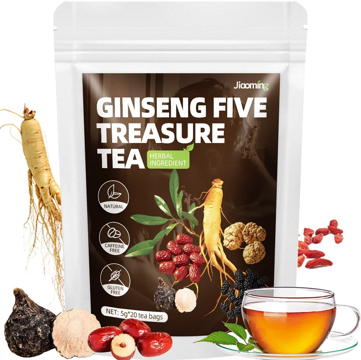 Ginseng Five Treasures Tea Kidney Tea, Natural Chinese Herbal Tea, Kidney Cleanse Detox Tea for Men & Women, 6 Ingredients